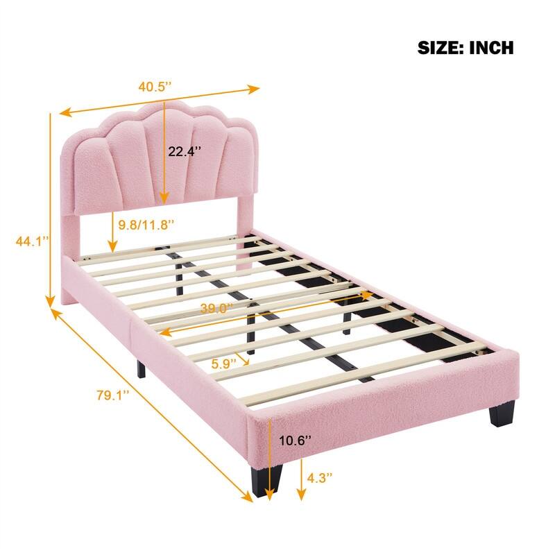 Upholstered Platform Bed with Flower-Shaped Headboard & LED Light Strip, Twin/Full Size Sherpa Fabric Bed Frame w/ Slats Support