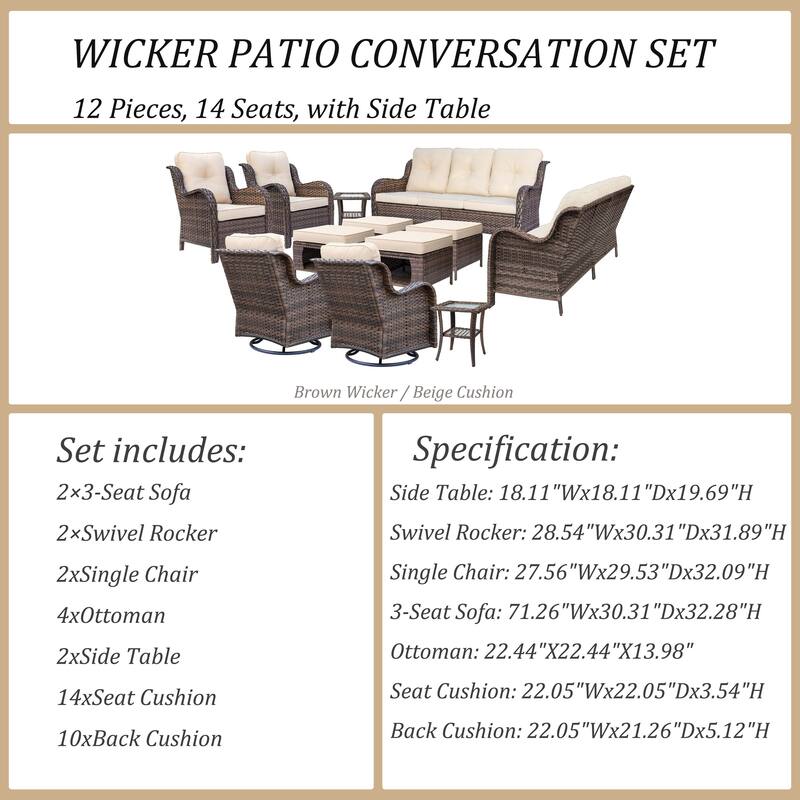 12 Piece Outdoor Rattan Patio Conversation Sofa Sets with Swivel Chair