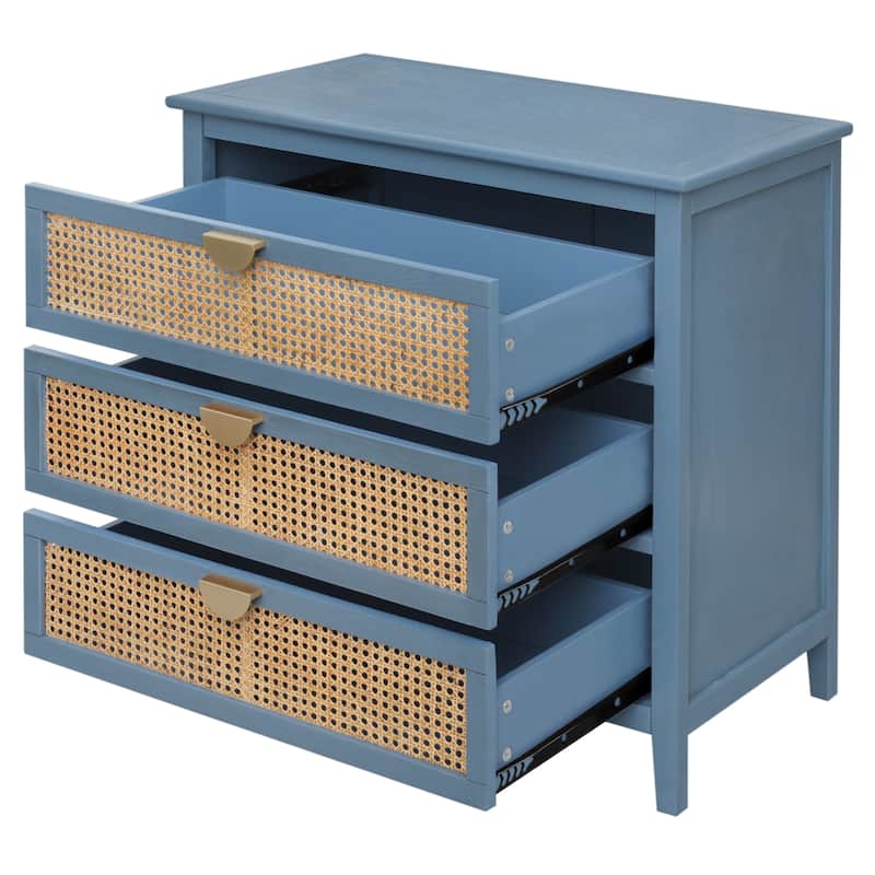 Roomfitters Rattan 3 Drawer Dresser, Boho Storage Chest with Woven Fronts for Bedroom, Living Room, Blue