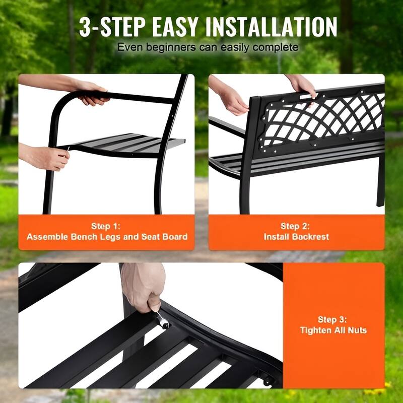 Black Metal PVC Outdoor Bench, 46 inches Modern Waterproof Patio Seating - 20.7” L x 45.8” W x 28” H