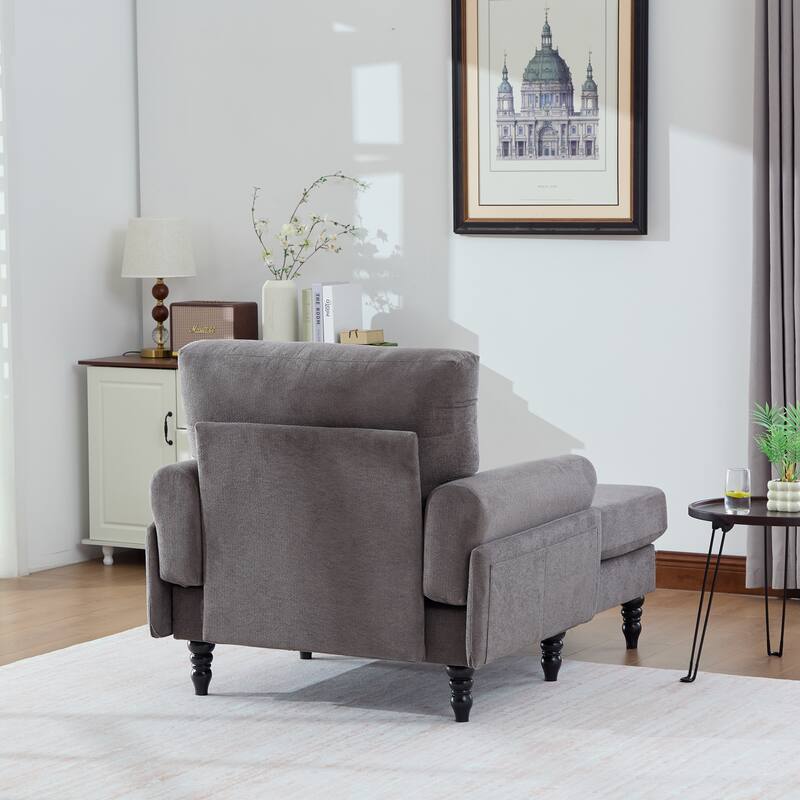 Modern Chaise Lounge Single Sofa Chair, Chenille Fabric Recliner Armchair with Side Pockets and Wooden Legs