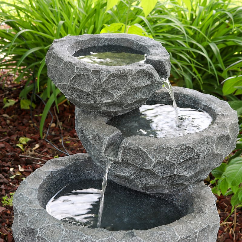 3-Tier Chiseled Basin Solar Outdoor Water Fountain with Battery - 17"