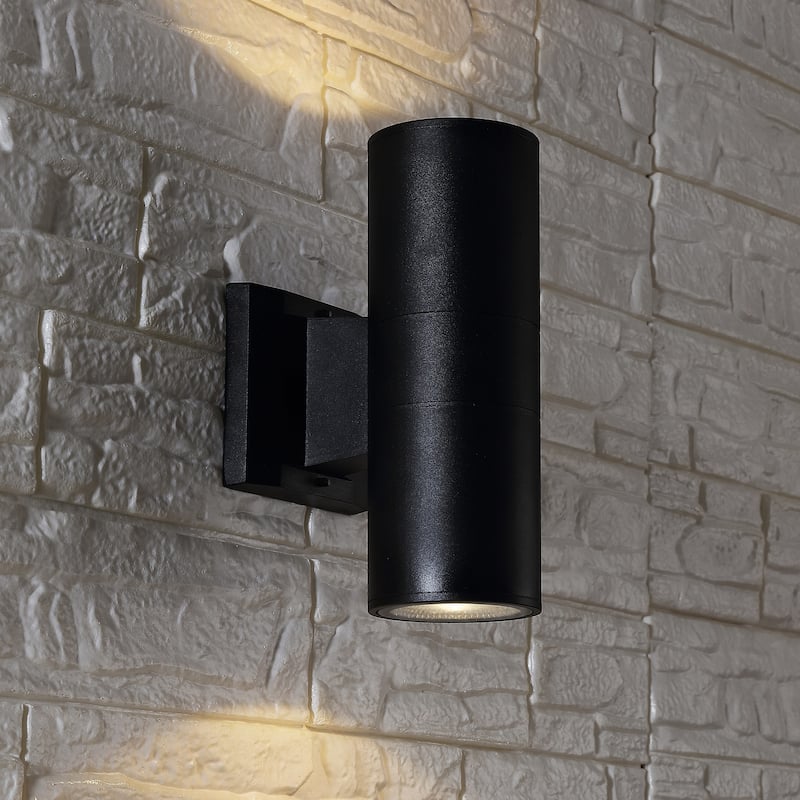 Lauren 2-Light Modern Midcentury Cylinder Outdoor Metal/Glass Integrated LED Wall Sconce with Uplight, by JONATHAN Y