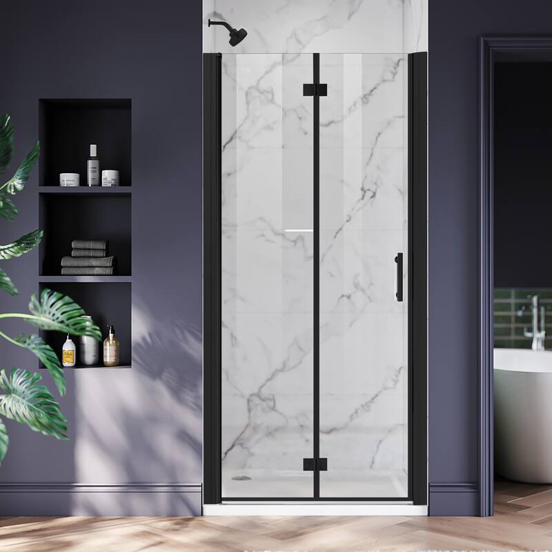Elegant Bi-Fold Frameless Pivot Swing Shower Door Enclosure with Clear Glass Panel and Hardware Kit Reversible Installation - Black - 31.5-33"