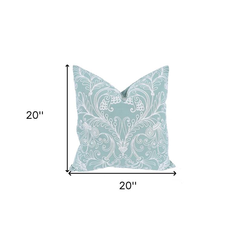 HomeRoots 20" X 20" Green and White Damask Polyester Zippered Pillow With Embroidery