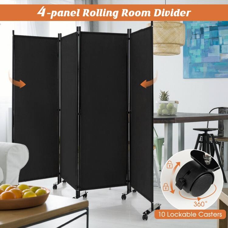 4-Panel Folding Room Divider Rolling Privacy Screen with Lockable Wheels - 89" x 12" x 68" (L x W x H)