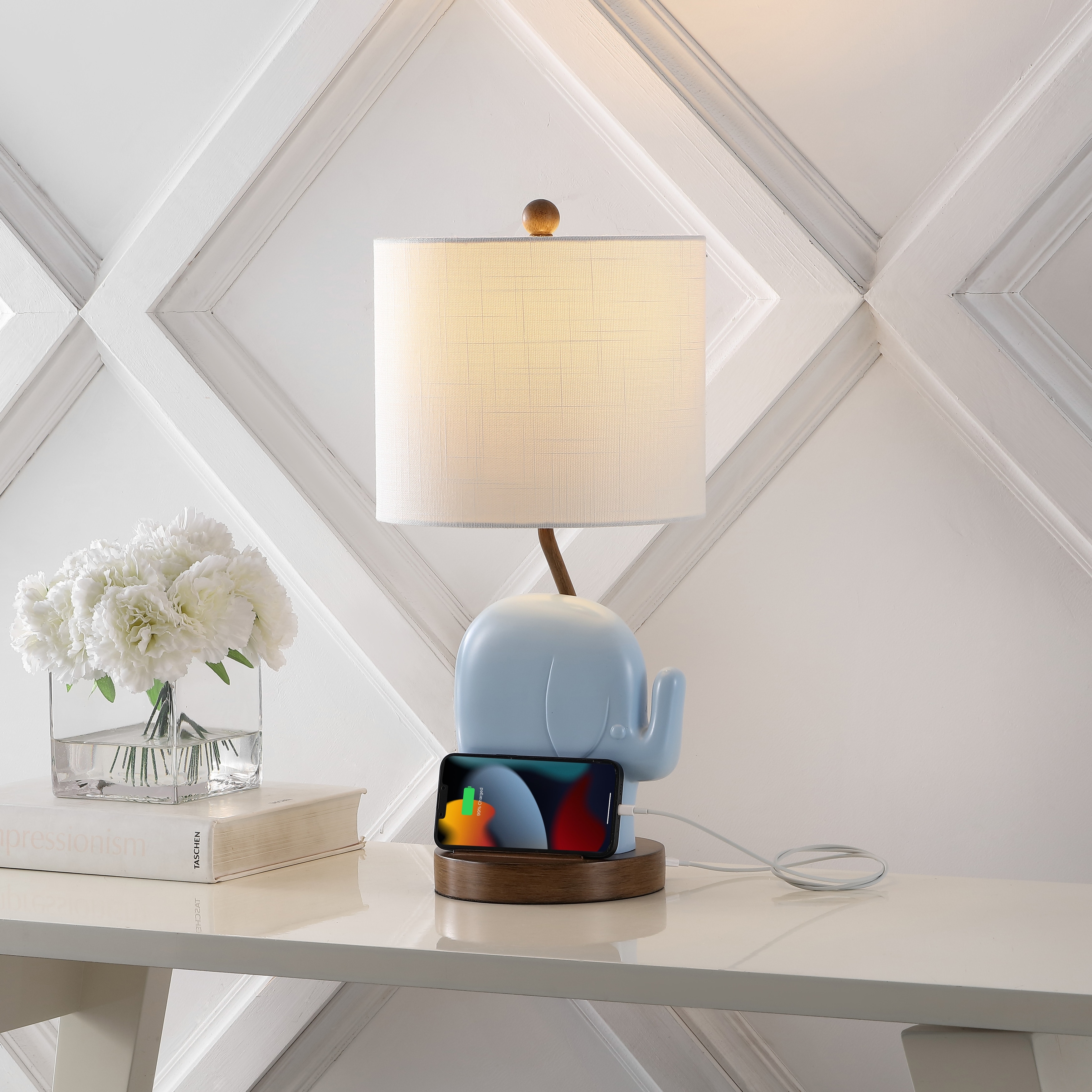 JONATHAN Y Campana 20.25" Bohemian Designer Iron/Resin Elephant LED Kids Table Lamp with Phone Stand and USB Charging Port