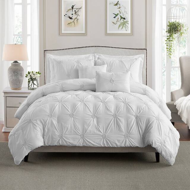 Home Essential Stylish Extra Plush Extra Soft Floral Pintuck Bedding Comforter Set - White - Full - Queen
