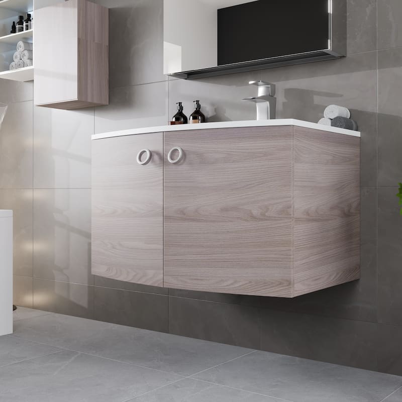 Romina 28"W Gray Oak Wall Mount Bath Vanity with Integrated Sink
