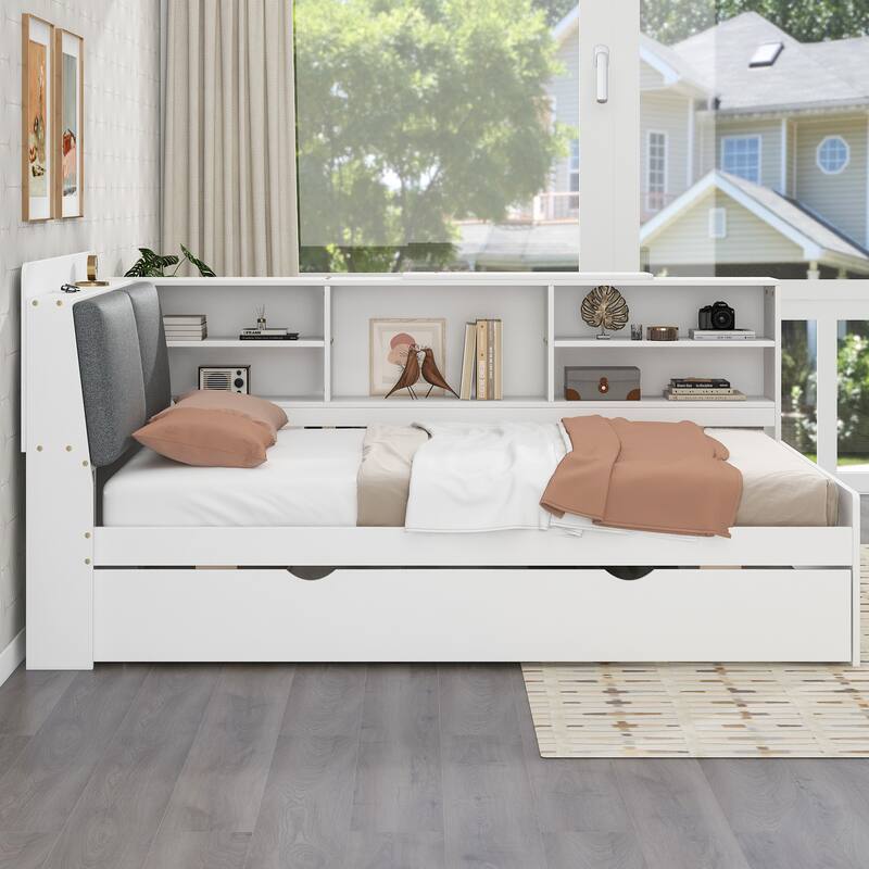 Twin Size Platform Bed with Trundle, Storage Shelves, Headboard with Upholstery, and Space-Saving Rotating Board
