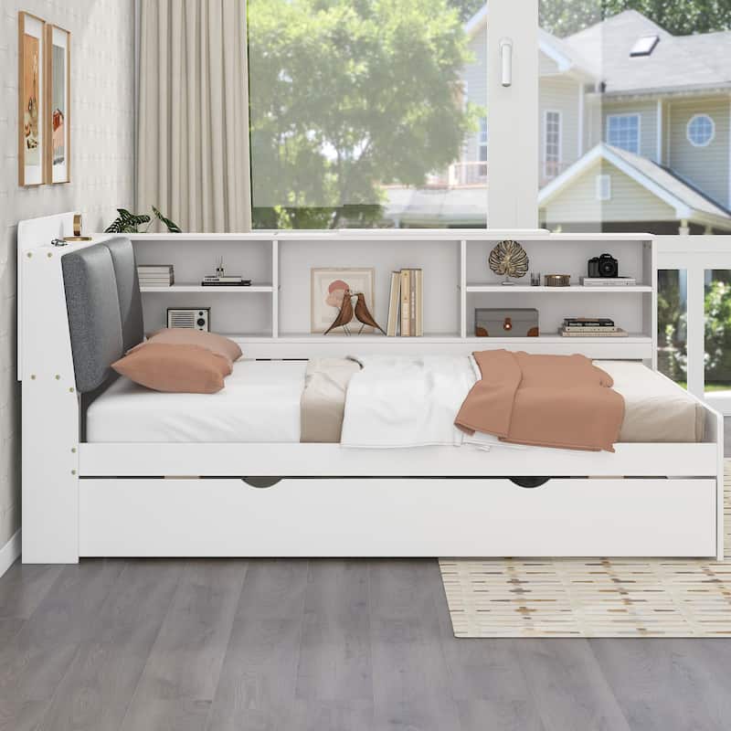 Twin Size Platform Bed with Trundle Bed, Built-in Storage Headboard, Shelves, and Rotating Board, Upholstered Backrest