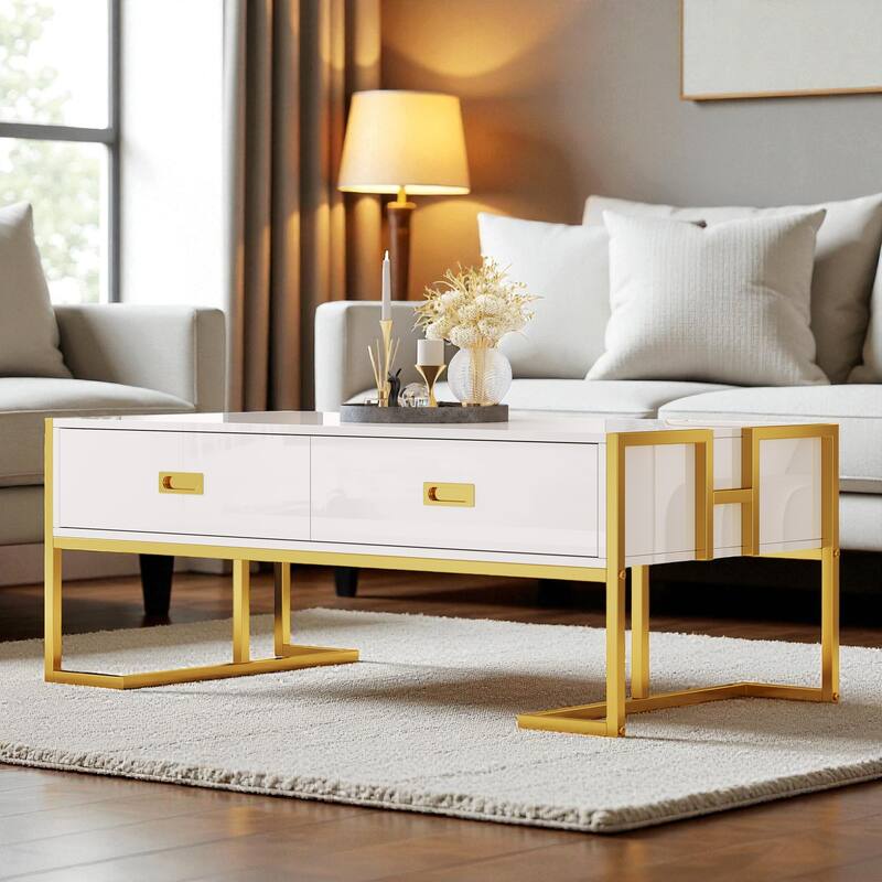 47.3'' Modern Rectangular Coffee Table with 4 Storage Drawers and Gold Metal Base for Living Room