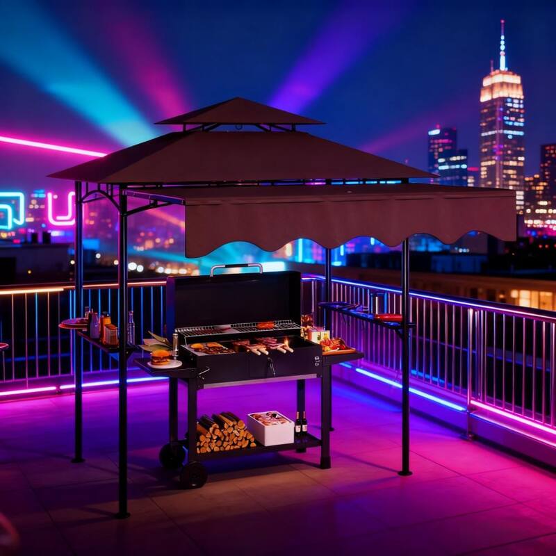 8' x 5' Adjustable Outdoor Grill Gazebo with Ventilated Double-Top and Utility Shelves