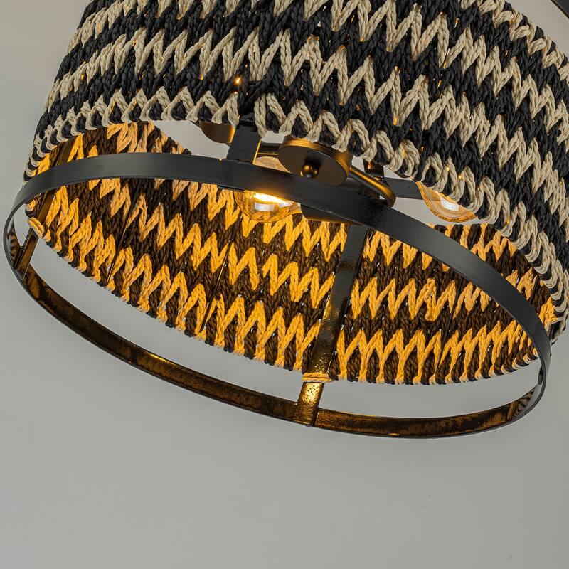 Inca 3-Light Rattan Hemp Drum Pendant, Scandi Coastal Boho - Handwoven - 18" Wide