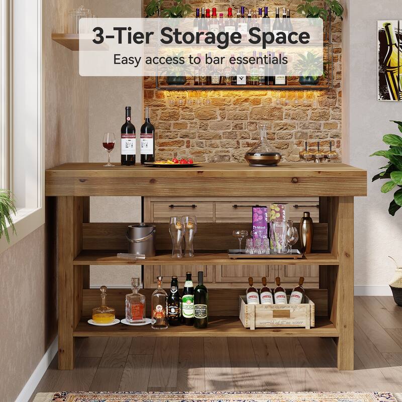 3-Tier 55-Inch Bar Table, Solid Wood Farmhouse Home Bar Unit