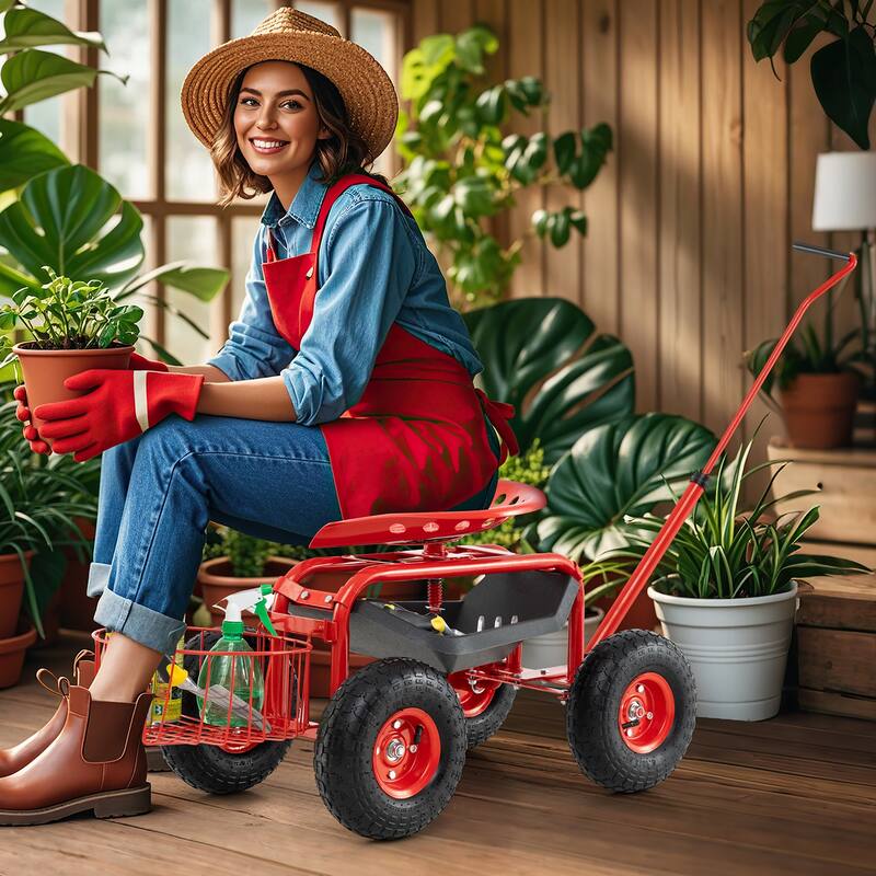 Gymax Rolling Garden Cart Scooter w/ Adjustable Seat Storage Basket