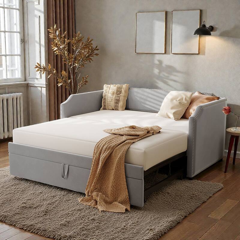 Twin Size Velvet Upholstered Daybed with Pop Up Trundle, 2-in-1 Sofa Bed for Guest Room or Kids Room