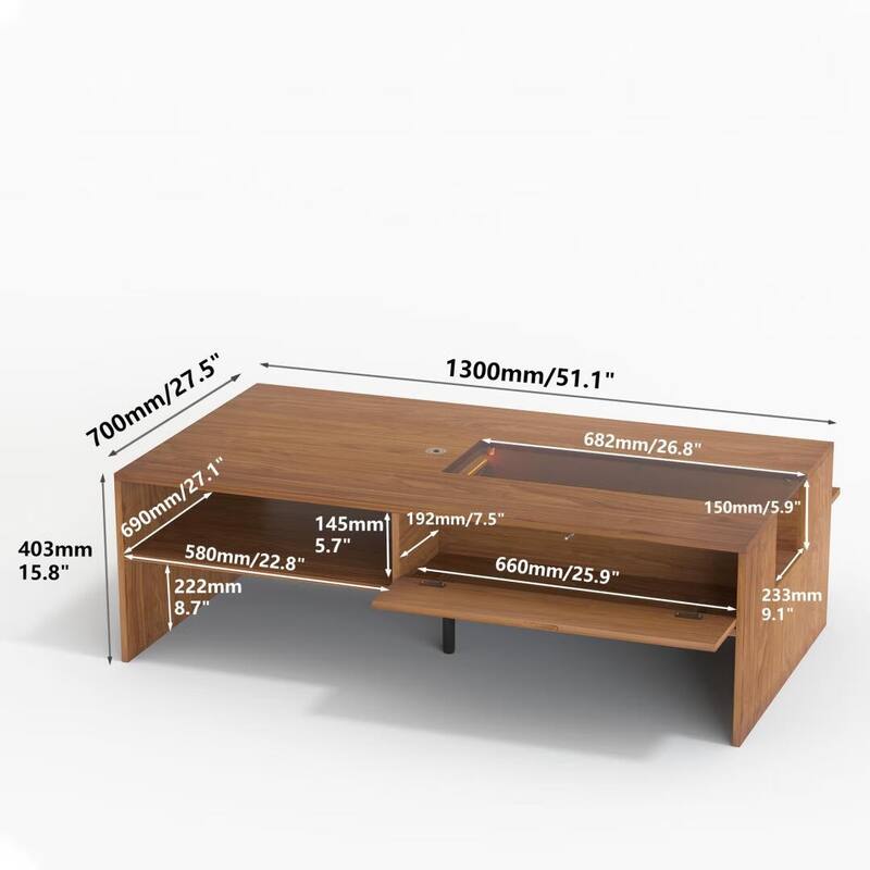 51.1" Wooden Coffee Table with LED Lights, Storage Shelves & Flip-Top - 51.1"Wx27.5"Dx15.8"H