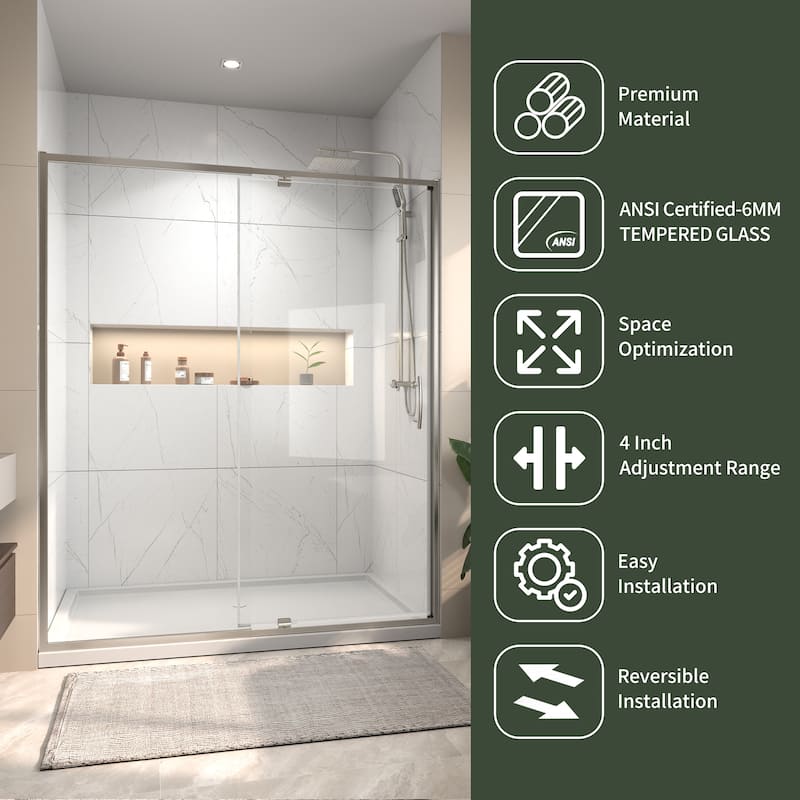 Modland 56-60''W x 71''H Pivot Frame Sliding Shower Door with 1/4"(6mm) Clear SGCC Tempered Glass, Black/Nickel/Chrome