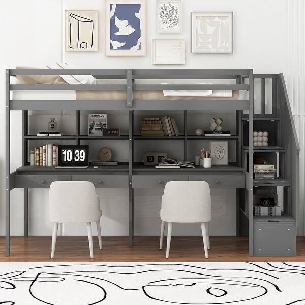 slide 2 of 38, Twin Loft Bed with Staircase,with Double Desk&Shelves,Unique Loft Bed Gray