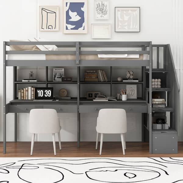 slide 2 of 13, Wooden Twin Size Loft Bed with Double Desks & Storage Staircase, Grey