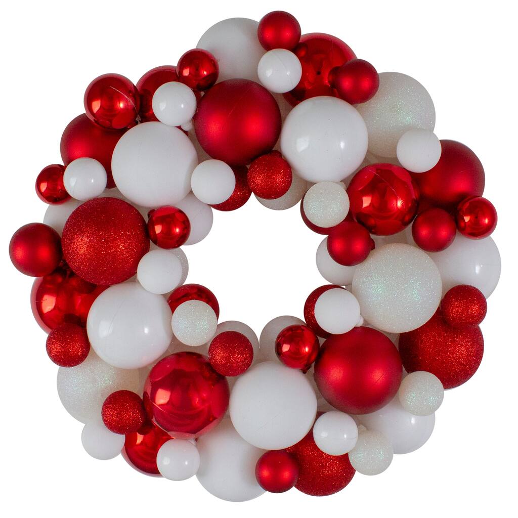 Red and White 3-Finish Shatterproof Ball Christmas Wreath 13-Inch - 13"