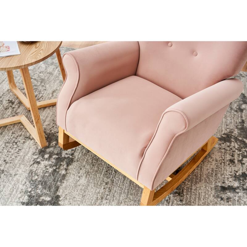 Velvet Upholstered Glider Rocking Chair, Glider Rocking Chair with Fabric Seat, High Back Armchair with Wood Base