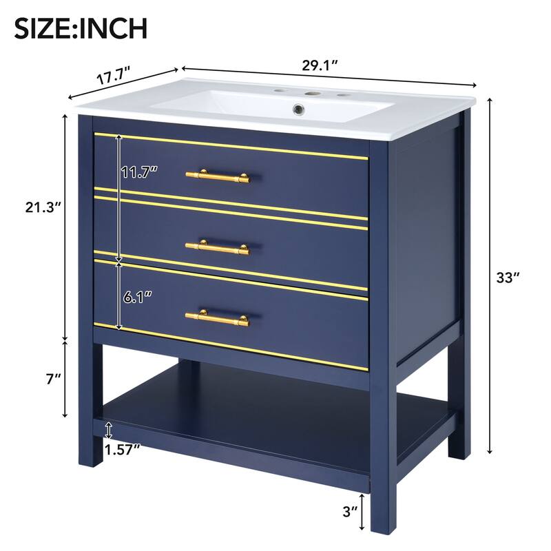 Modern Bathroom Vanity Cabinet with Sink, Open Storge & 2 Drawers