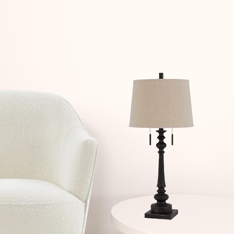 HomeRoots32" Charcoal Two Light Table Lamp With Tan Drum Shade - 14