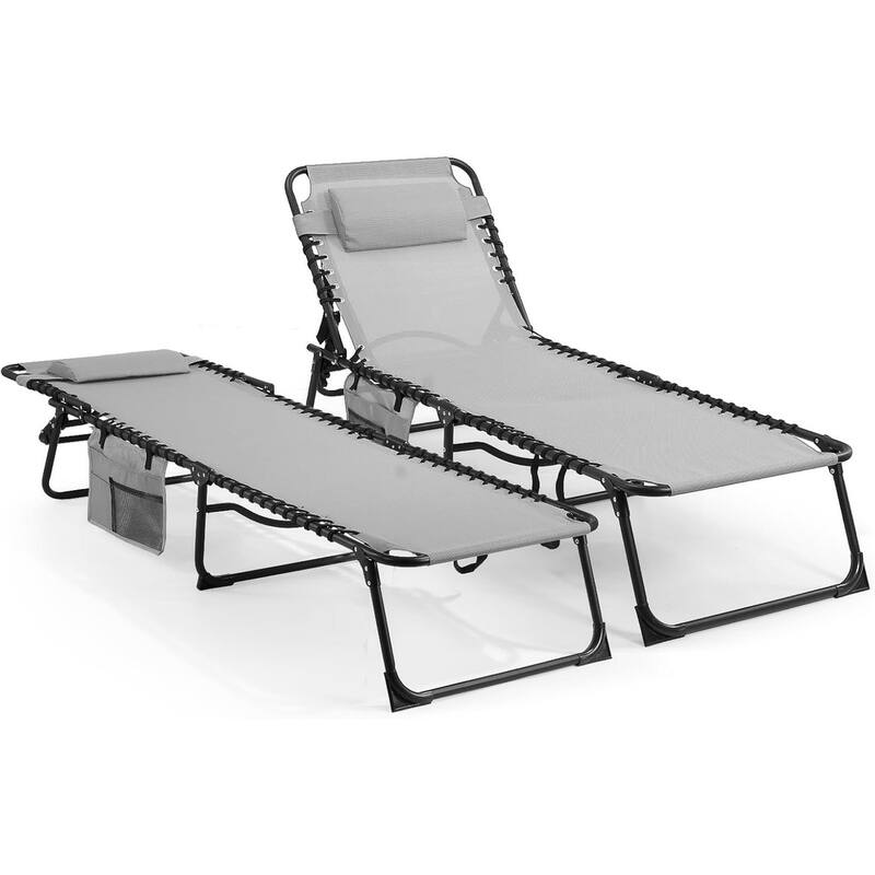 Outdoor Lounge Chairs Set of 2, Teslin Folding Tanning Chair with 5-Position Reclining Back - Grey