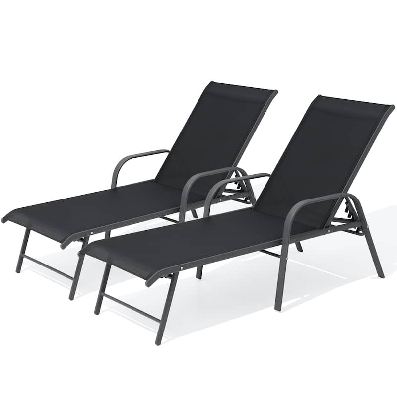 Pellebant 2/4PCS Outdoor Lounge Chair Aluminum with Adjustable Backrest - Black-Setof2