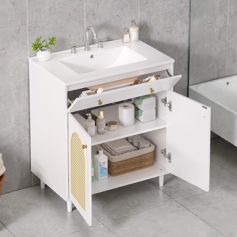 30 Inch Bathroom Vanity with Ceramic Sink, Solid Wood Frame Vanity Cabinet with Rattan Panels and Tip-Out Drawer