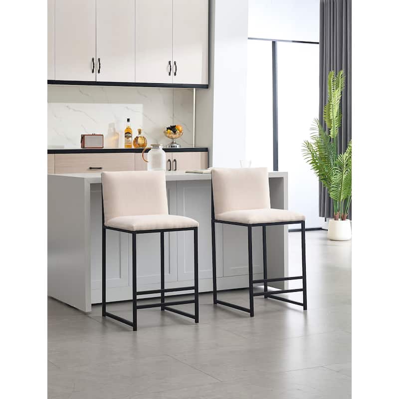 Counter Height Bar Stools Set of 2, Upholstered Linen Bar Chairs, Metal Footrest and Frame for Kitchen,Dining Room-IVORY - Ivory