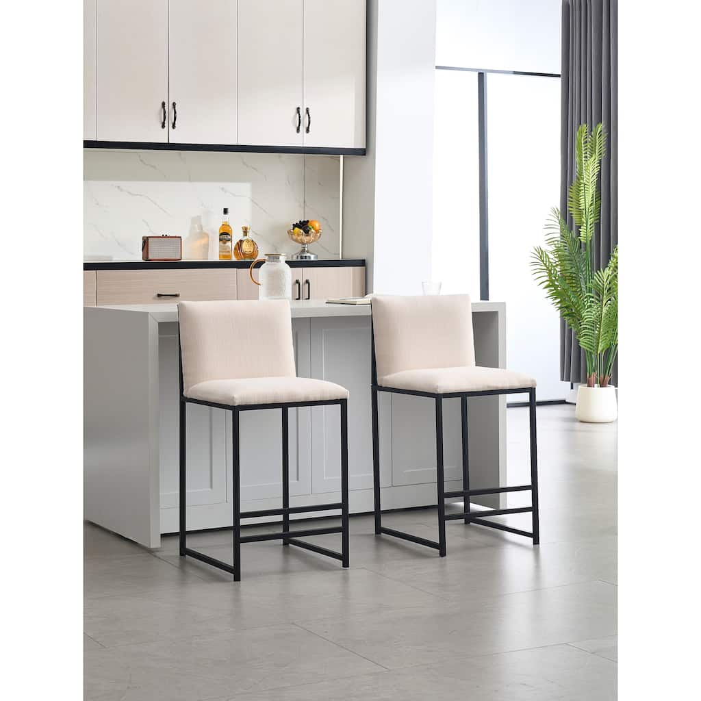 Counter Height Bar Stools Set of 2, Upholstered Linen Bar Chairs, Metal Footrest and Frame for Kitchen,Dining Room-IVORY