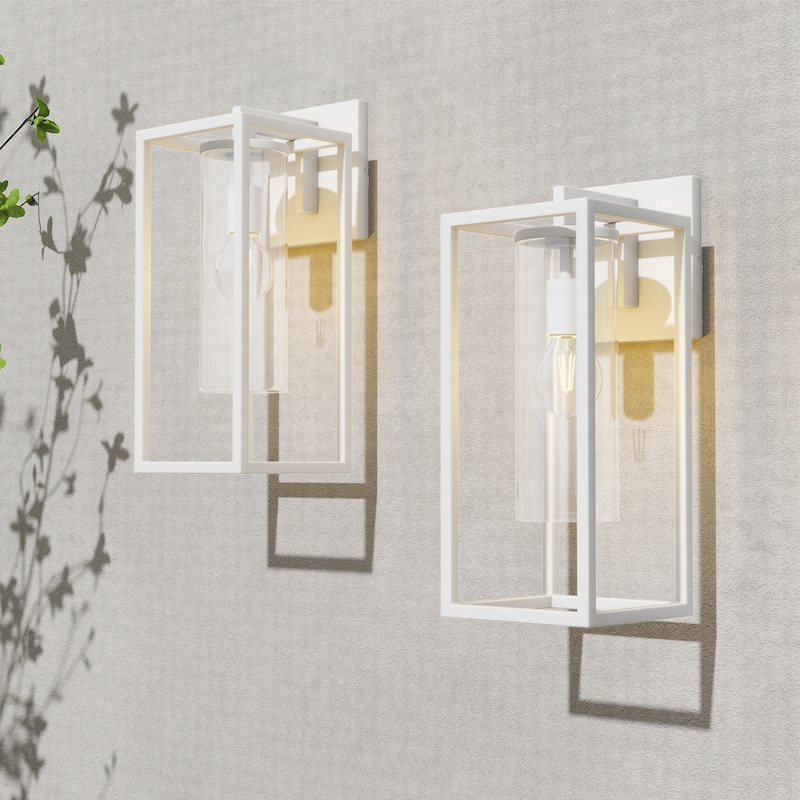 2 Pack Metal 1-Light Clear Glass Outdoor Wall Sconce Light - M: 15.7"Hx6.2"Wx8"D - White