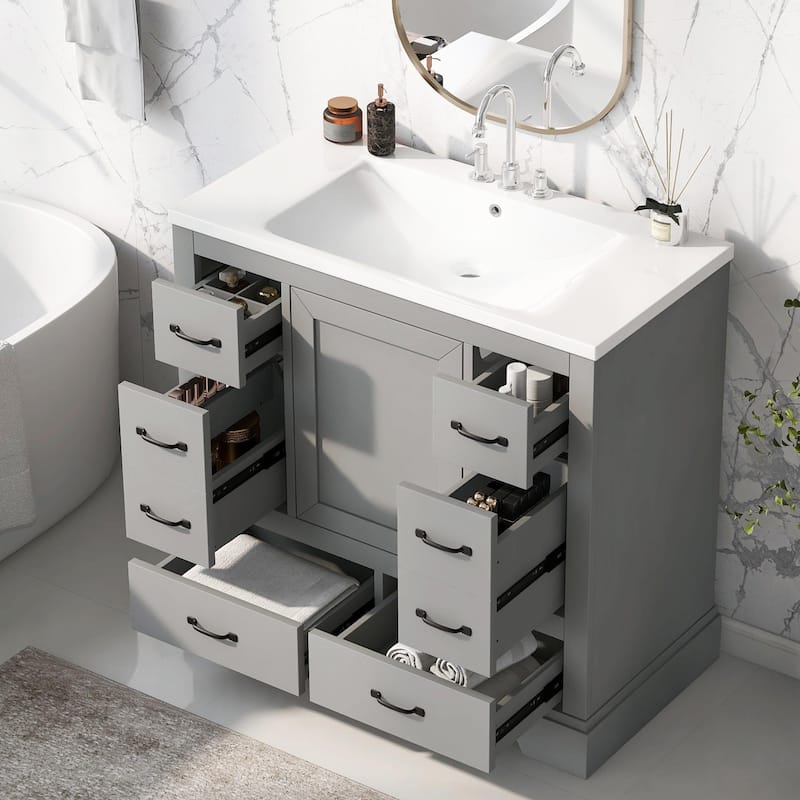 36" Bathroom Vanity with Sink Combo: Six Drawers, Multi-Functional Divider, Adjustable Shelf - with sink - Grey