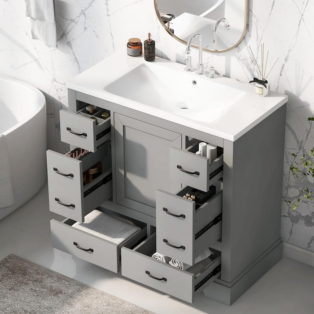 36" Bathroom Vanity with Sink Combo: Six Drawers, Multi-Functional Divider, Adjustable Shelf