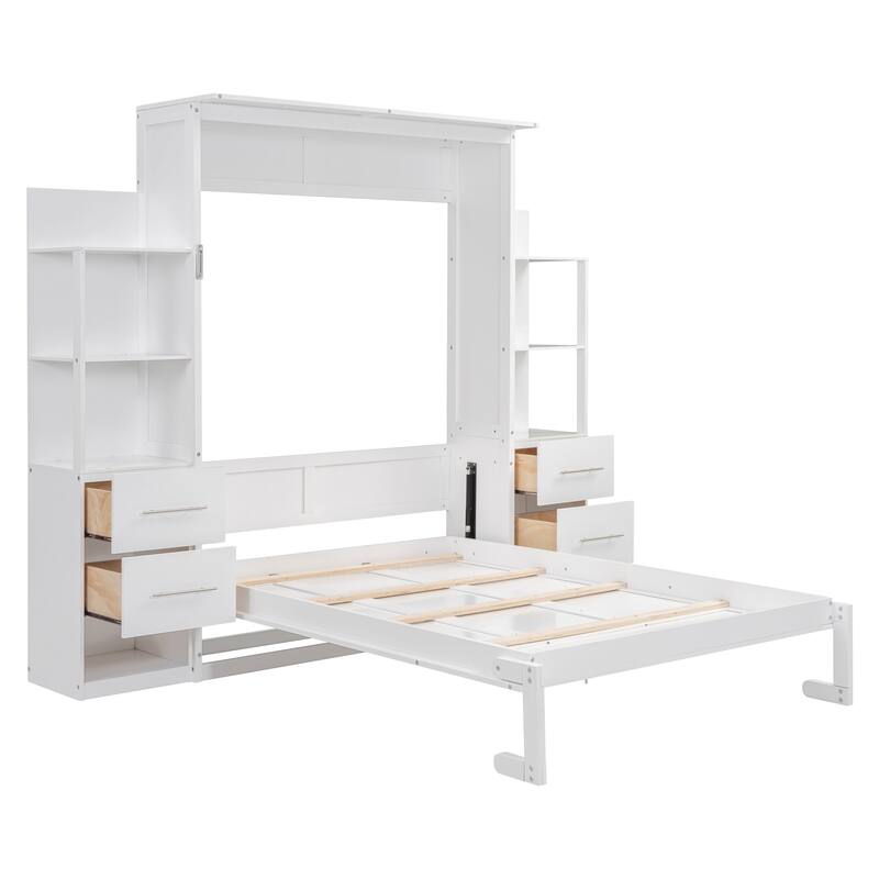 Roomfitters Wall Murphy Bed with Shelves Drawers and LED Lights MDF, White