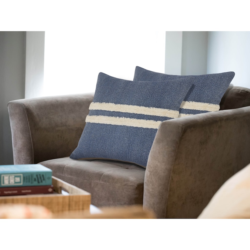 Seashore Dusty Blue/White Striped Cotton Throw Pillow, Set of 2