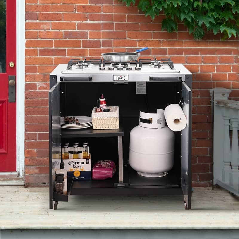Feasto Gas Grill, Black, Movable Outdoor Gas Stove Stainless Steel Top with Cabinet
