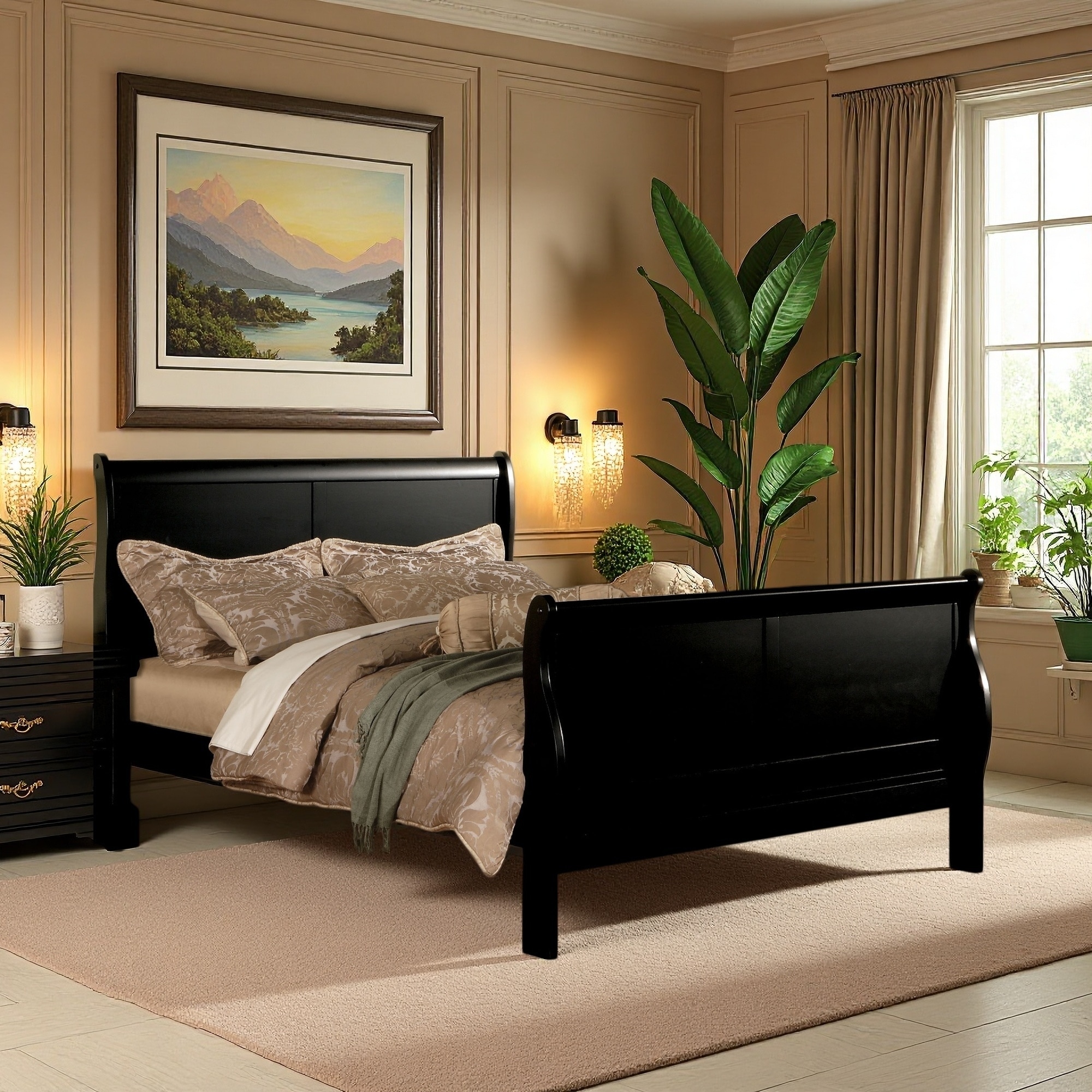 Queen Size Wood Sleigh Bed with Slatted Support and Box Spring Required