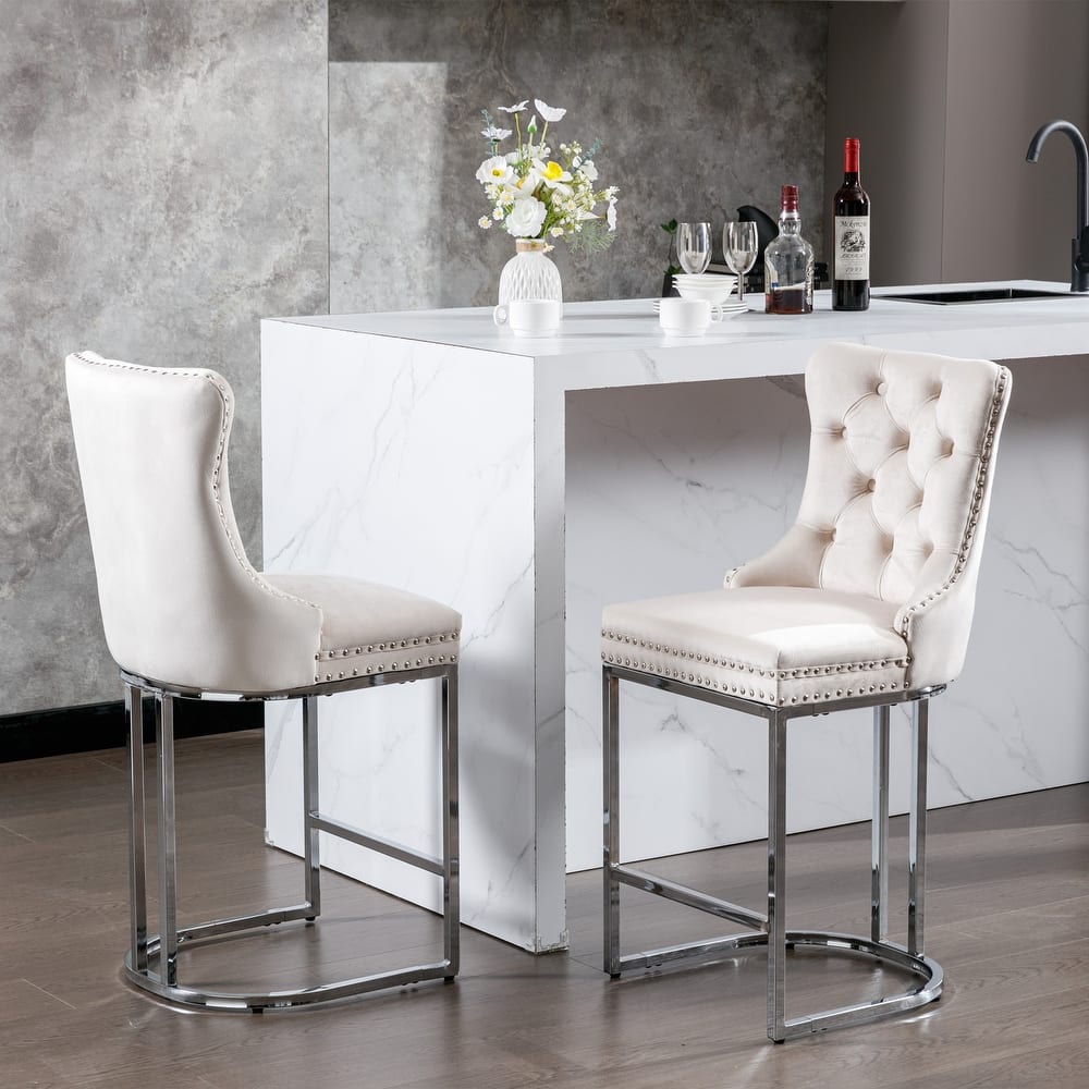 Roomfitters Velvet Counter Height Bar Stools Set of 2, Tufted Upholstered Bar Chairs with Nailhead Trim and Chrome Metal Base