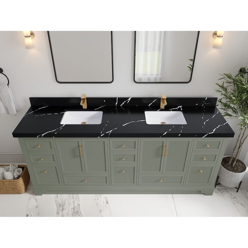 Willow Collections 84 in. W x 22 in. D Alys Double Bowl Sink Bathroom Vanity with Countertop - 2"Calacatta Black - Evergreen