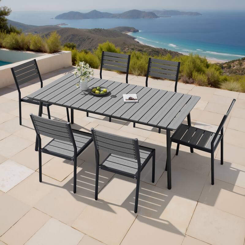 7-Piece Outdoor Aluminum Rectangular Dining Table with Stackable Chairs