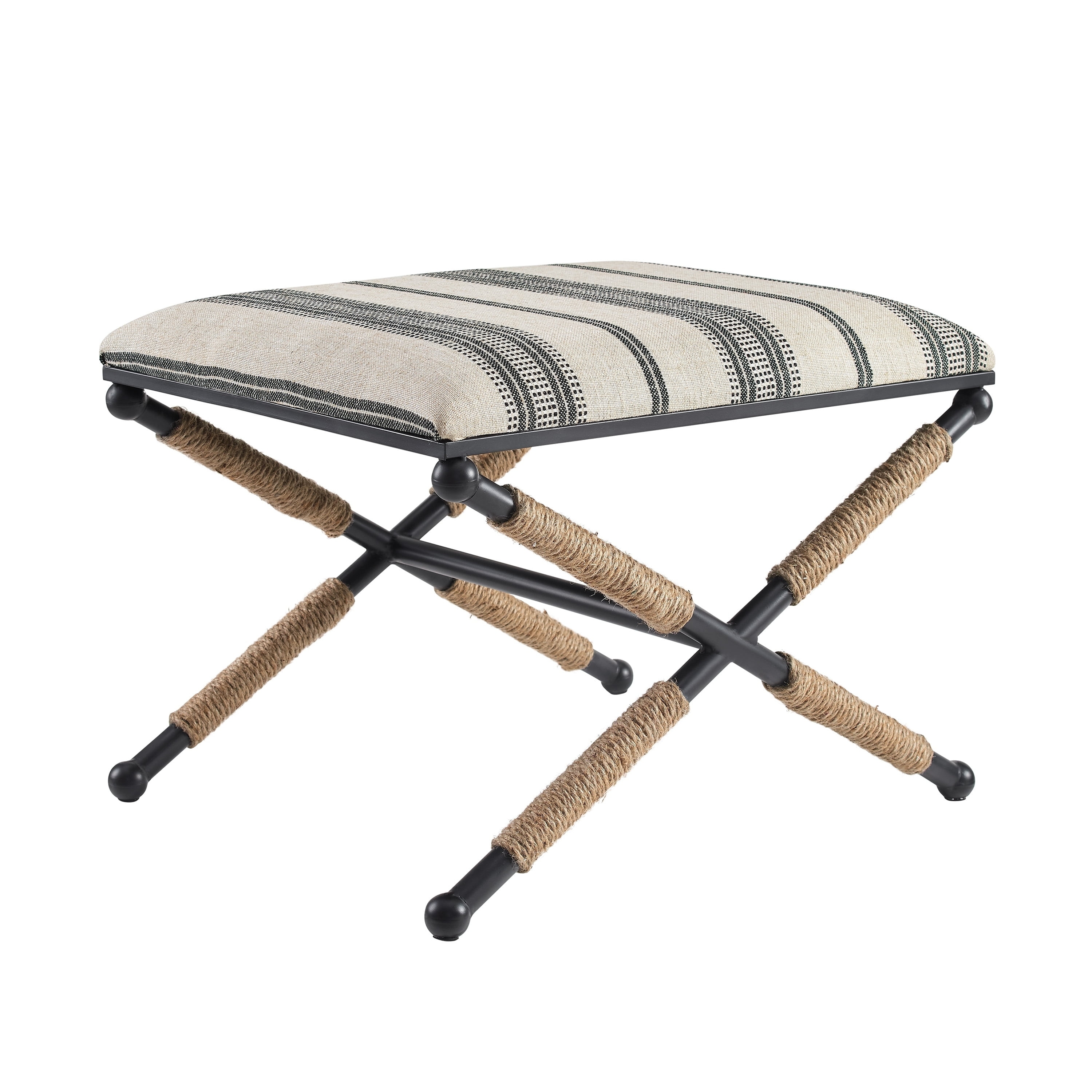 Black & White Striped Upholstered Ottoman Stool with Iron Base, 275lbs Capacity