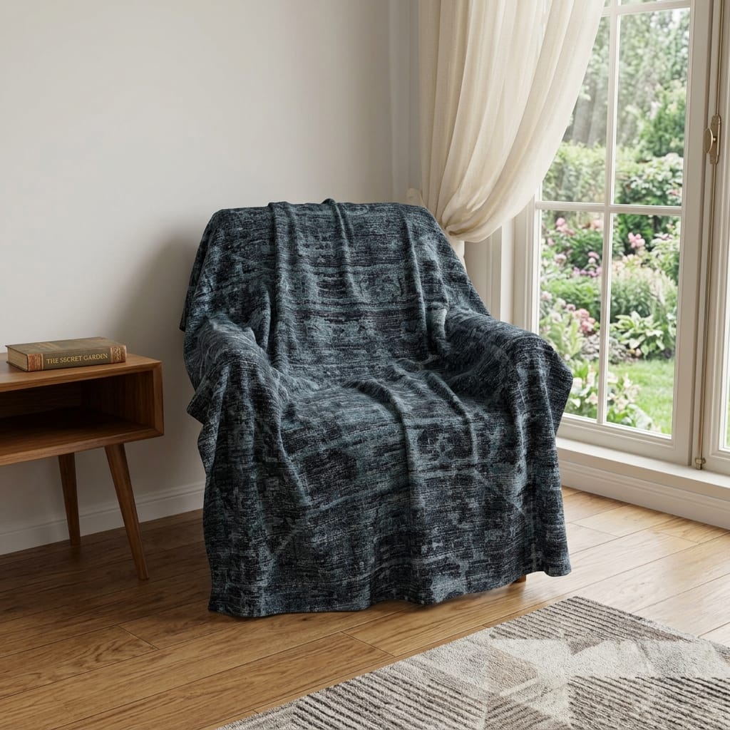 HomeRoots 50" X 70" Navy Blue And Gray Damask Polyester Woven Plush Throw Blanket