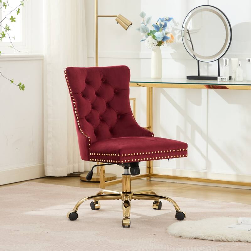 GDF Studio - Velvet Tufted Upholstered Home Office Chair with Golden Metal Base with Swivel Adjustment and Elegant Button Back - WINE RED