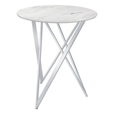 43 Inch Tall Bar Table, White Round Top, Art Deco Style Faux Marble Surface
