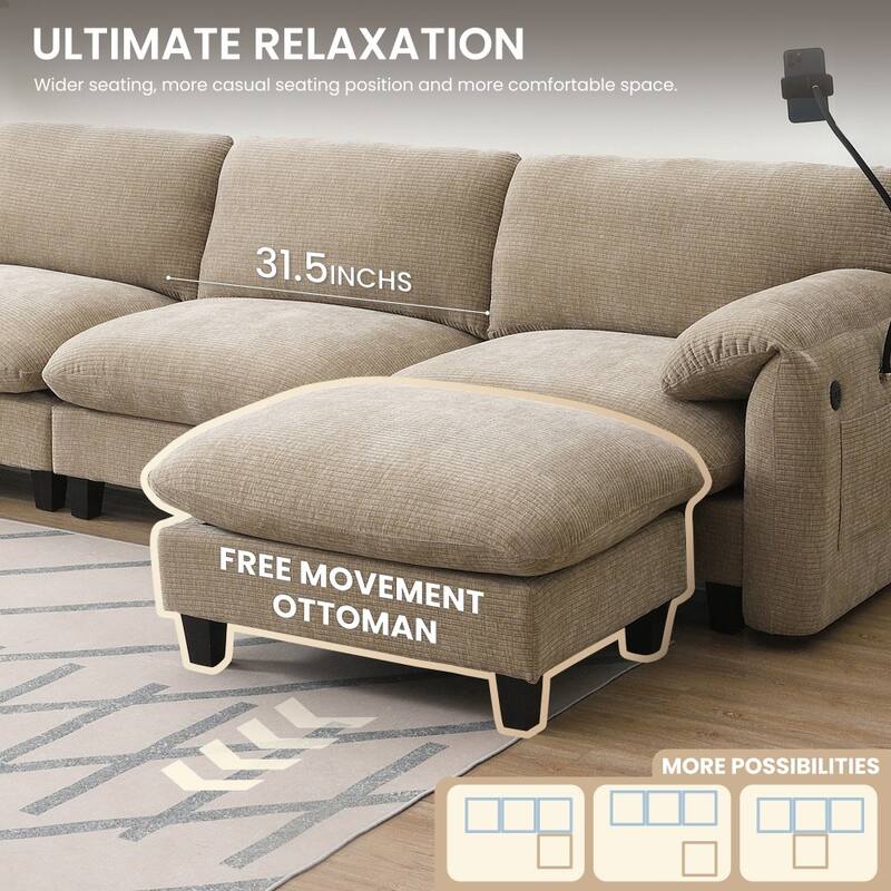 108" Modular Chenille L-shaped Sectional Sofa with 31.5" Extra-wide Seat Cushion, USB and Type-C Charger