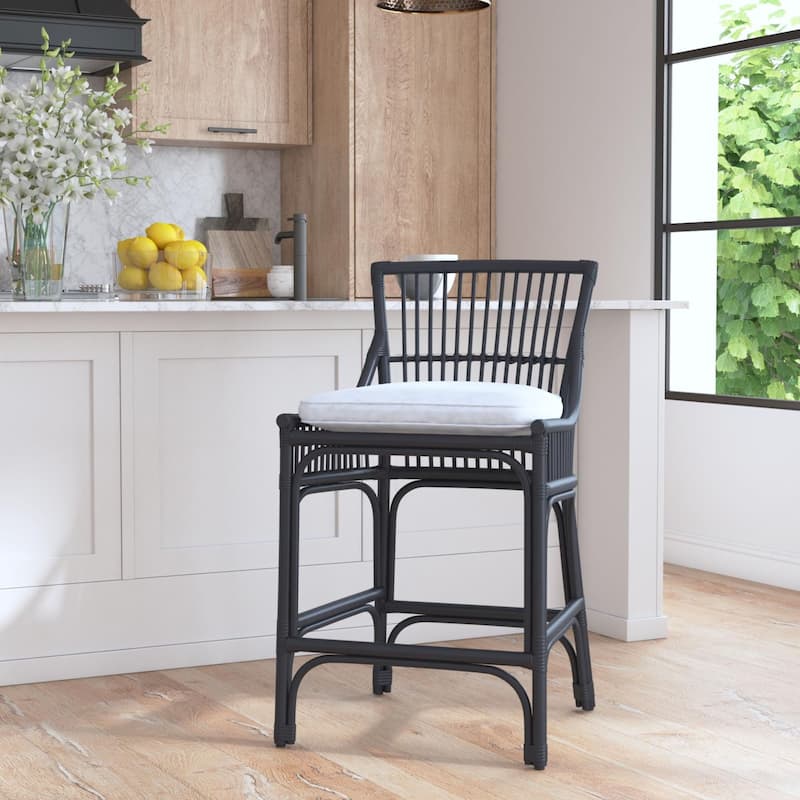 Emily Rattan Counter Stool with Cotton Cushion by East at Main - Black